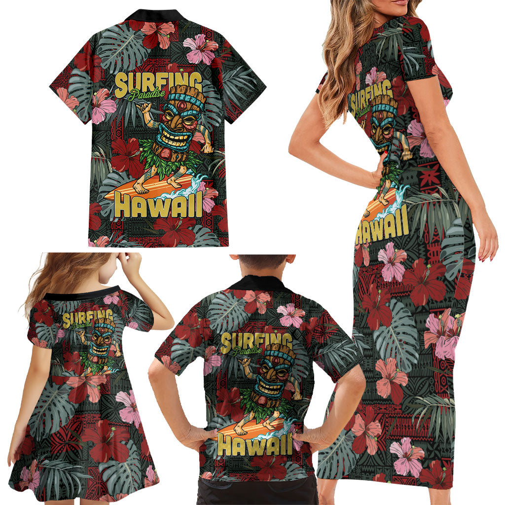 Hawaii Tiki Surfing Family Matching Short Sleeve Bodycon Dress and Hawaiian Shirt Mele Kalikimaka i Iulai! LT9 - Polynesian Pride