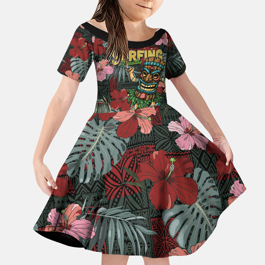 Hawaii Tiki Surfing Family Matching Summer Maxi Dress and Hawaiian Shirt Mele Kalikimaka i Iulai! LT9 Daughter's Dress Black - Polynesian Pride