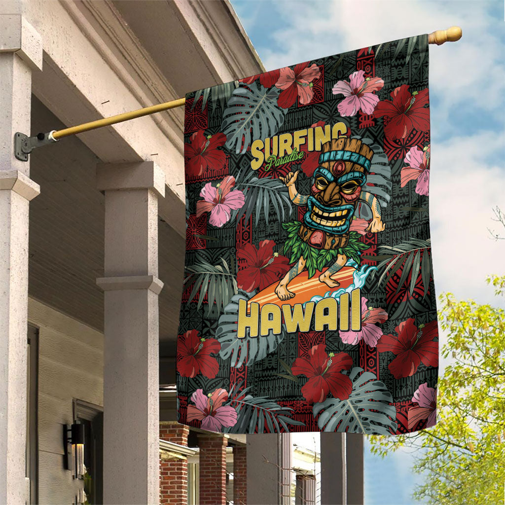 Hawaii Tiki Surfing Garden Flag Mele Kalikimaka i Iulai! LT9 House Flag Black - Polynesian Pride