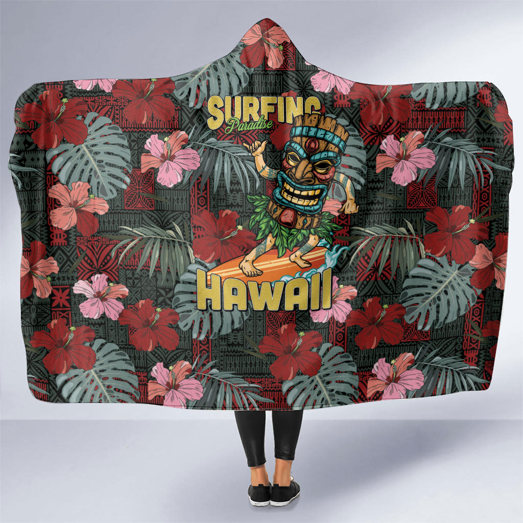 Hawaii Tiki Surfing Hooded Blanket Mele Kalikimaka i Iulai! LT9 One Size Black - Polynesian Pride