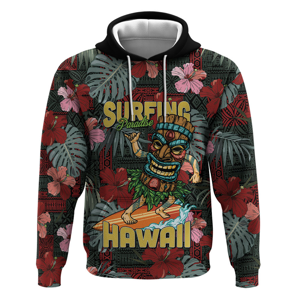 Hawaii Tiki Surfing Hoodie Mele Kalikimaka i Iulai! LT9 Pullover Hoodie Black - Polynesian Pride