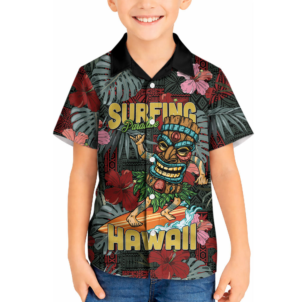 Hawaii Tiki Surfing Kid Hawaiian Shirt Mele Kalikimaka i Iulai! LT9 Kid Black - Polynesian Pride