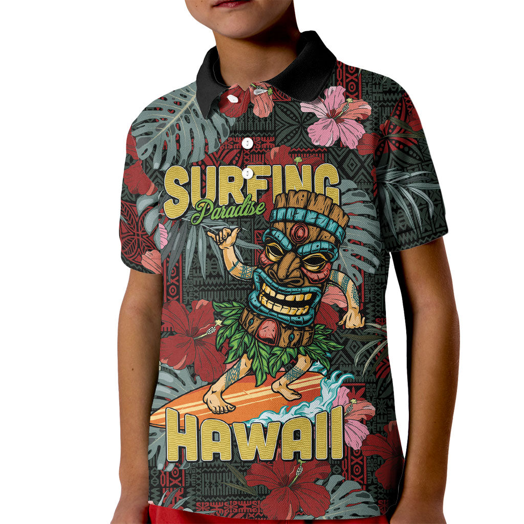 Hawaii Tiki Surfing Kid Polo Shirt Mele Kalikimaka i Iulai! LT9 Kid Black - Polynesian Pride