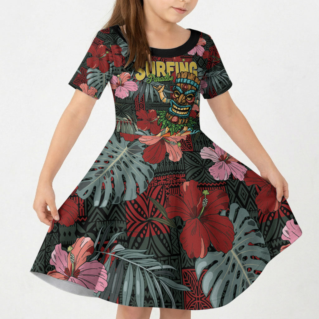 Hawaii Tiki Surfing Kid Short Sleeve Dress Mele Kalikimaka i Iulai! LT9 KID Black - Polynesian Pride