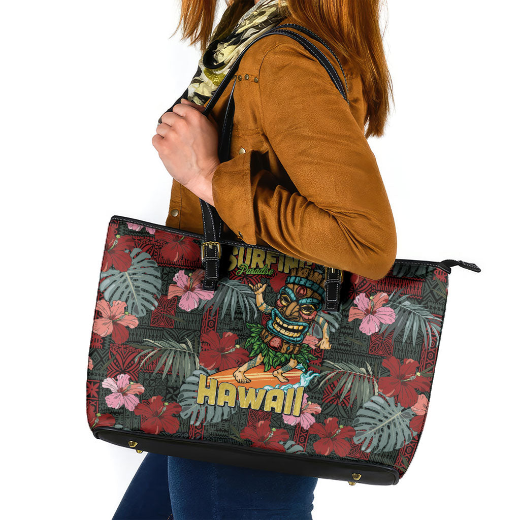 Hawaii Tiki Surfing Leather Tote Bag Mele Kalikimaka i Iulai! LT9 Black - Polynesian Pride