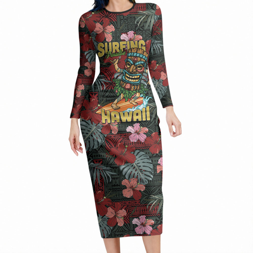 Hawaii Tiki Surfing Long Sleeve Bodycon Dress Mele Kalikimaka i Iulai! LT9 Long Dress Black - Polynesian Pride