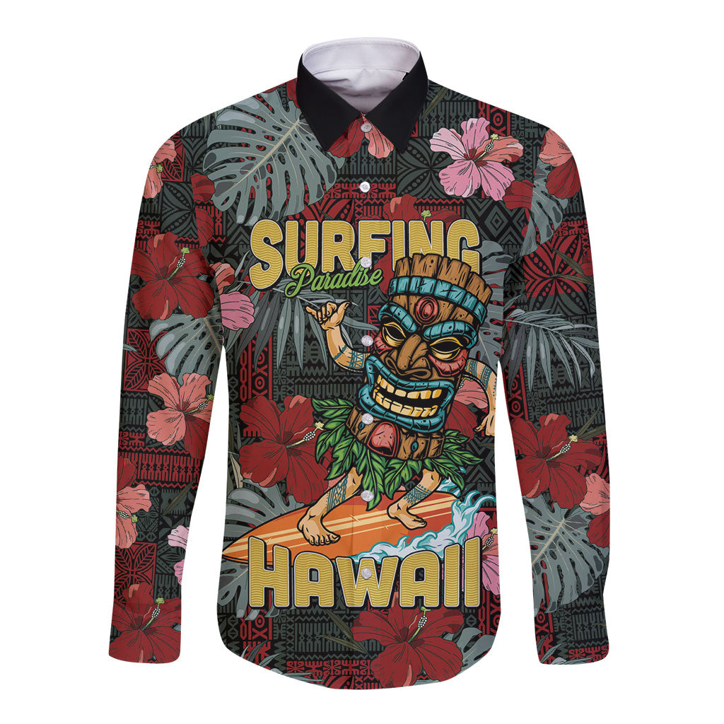 Hawaii Tiki Surfing Long Sleeve Button Shirt Mele Kalikimaka i Iulai!
