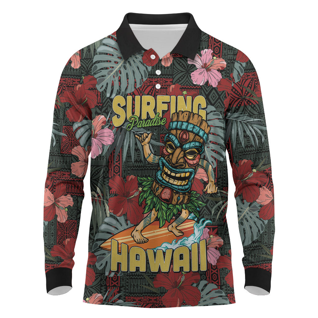 Hawaii Tiki Surfing Long Sleeve Polo Shirt Mele Kalikimaka i Iulai! LT9 Black - Polynesian Pride
