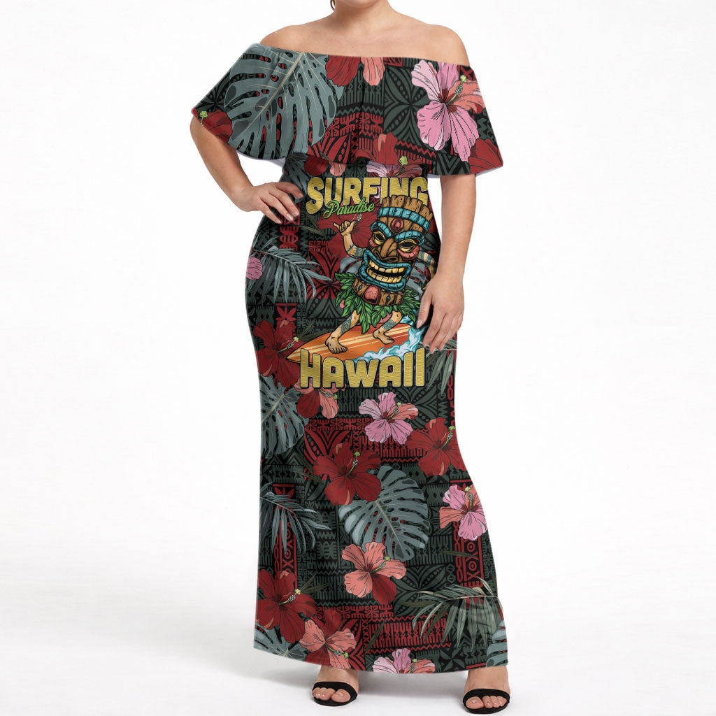 Hawaii Tiki Surfing Off Shoulder Maxi Dress Mele Kalikimaka i Iulai! LT9 Women Black - Polynesian Pride