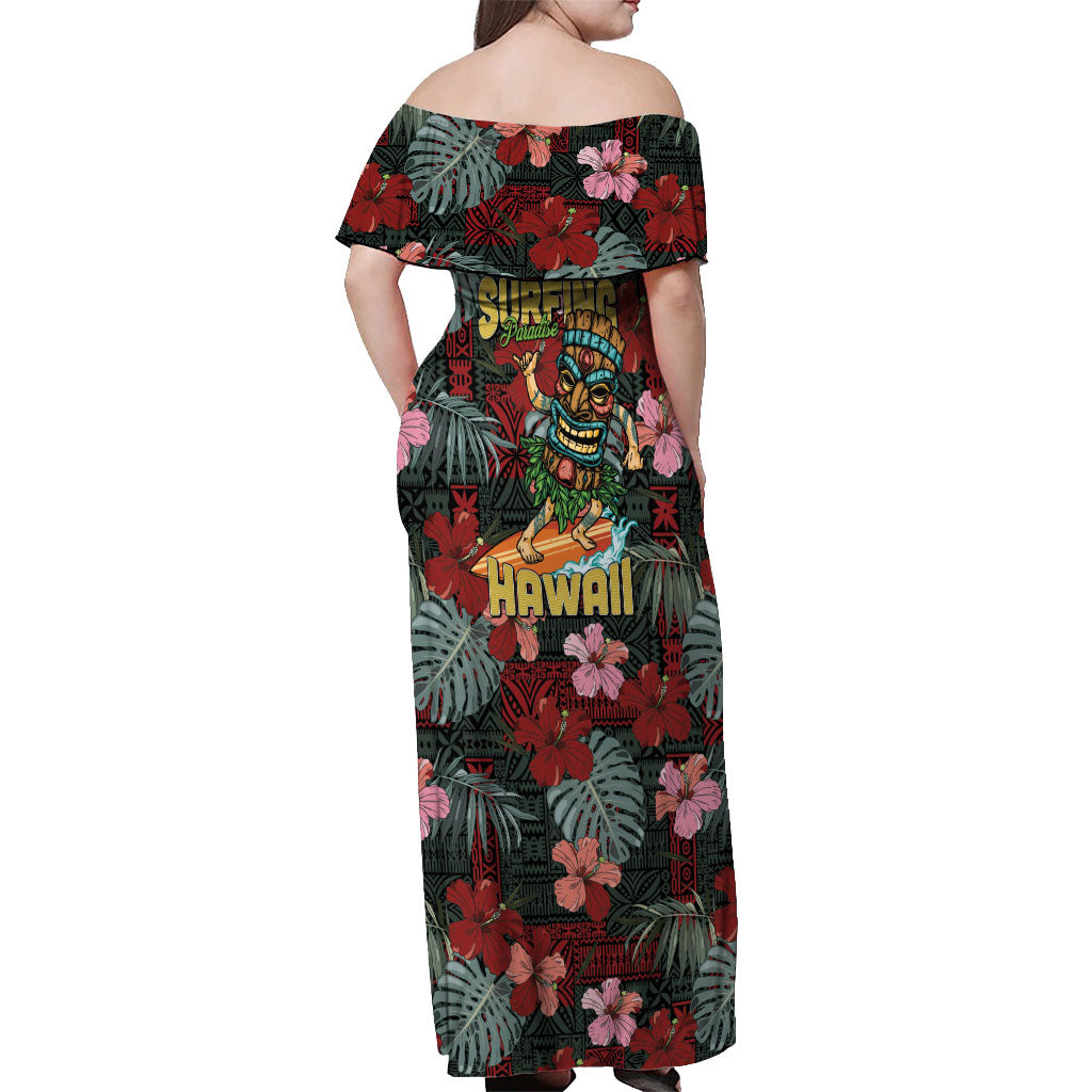 Hawaii Tiki Surfing Off Shoulder Maxi Dress Mele Kalikimaka i Iulai!