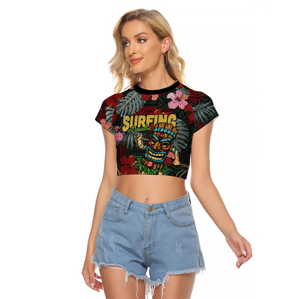Hawaii Tiki Surfing Raglan Cropped T Shirt Mele Kalikimaka i Iulai! LT9 Female Black - Polynesian Pride