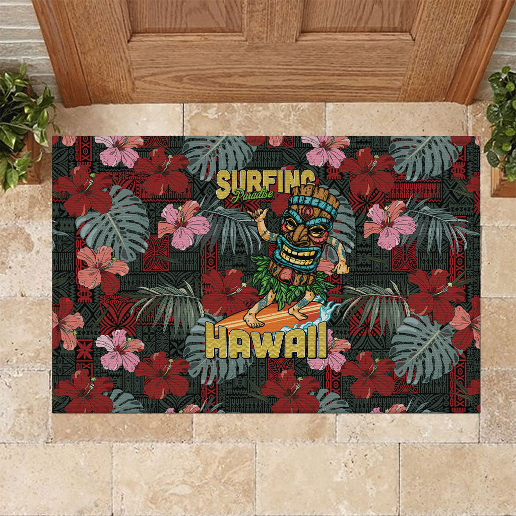 Hawaii Tiki Surfing Rubber Doormat Mele Kalikimaka i Iulai! LT9 Black - Polynesian Pride