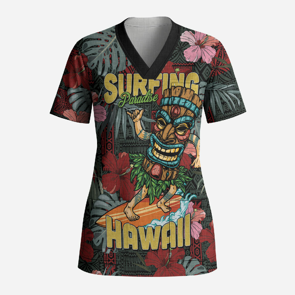Hawaii Tiki Surfing Scrub Top Mele Kalikimaka i Iulai!