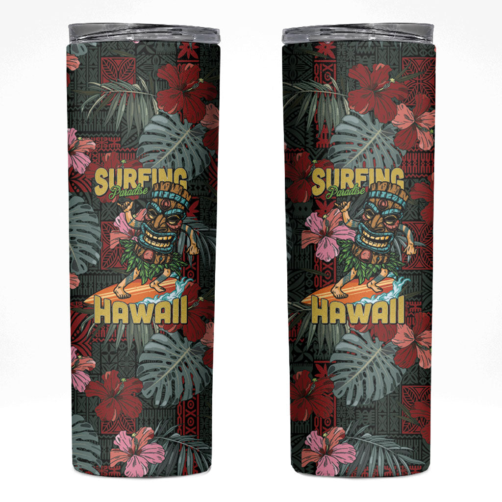 Hawaii Tiki Surfing Skinny Tumbler Mele Kalikimaka i Iulai! LT9 Black - Polynesian Pride
