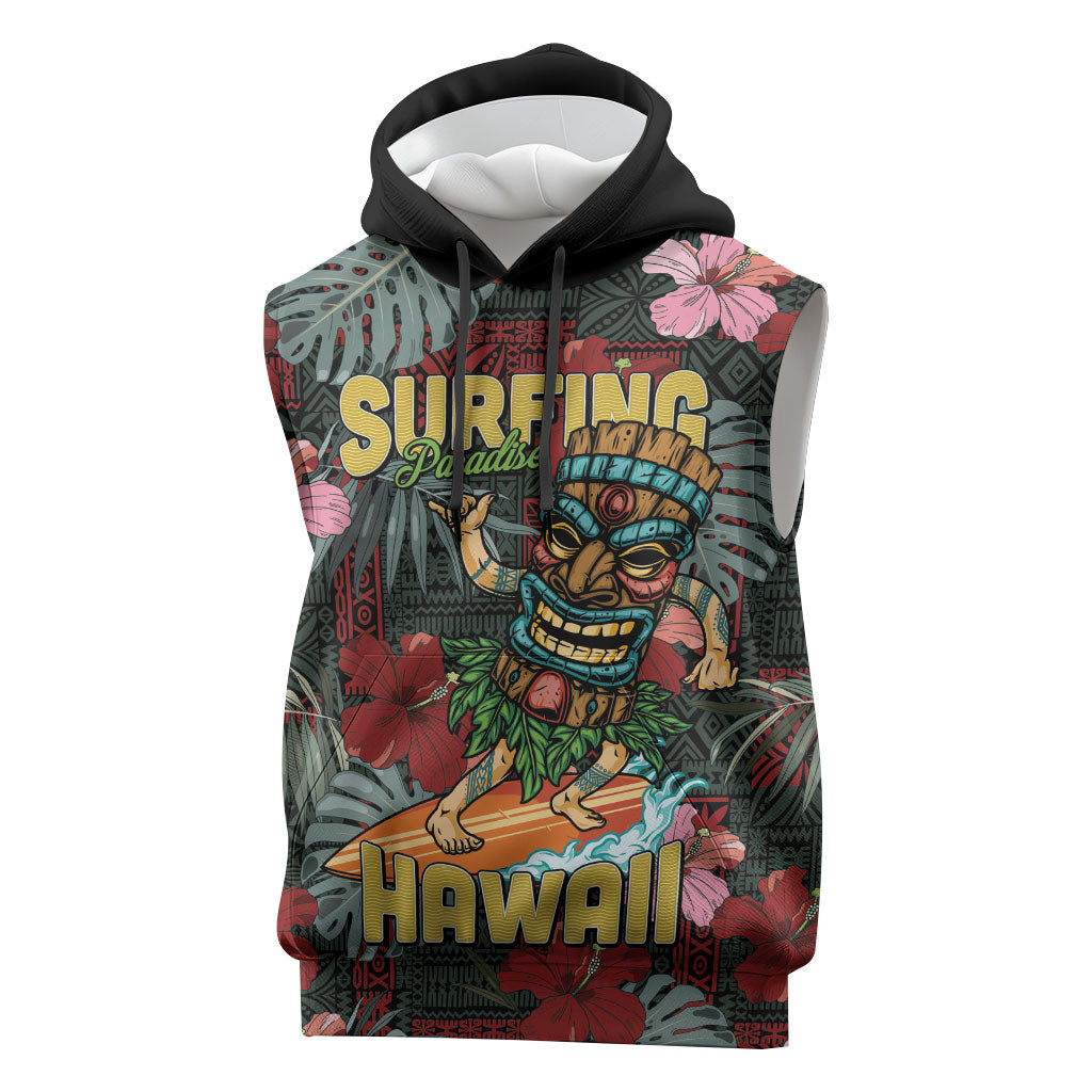 Hawaii Tiki Surfing Sleeveless Hoodie Mele Kalikimaka i Iulai! LT9 Black - Polynesian Pride