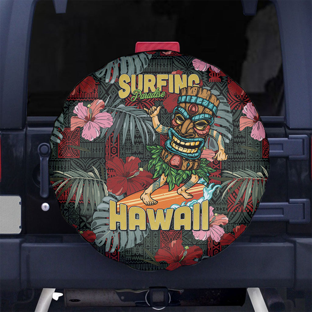 Hawaii Tiki Surfing Spare Tire Cover Mele Kalikimaka i Iulai! LT9 No hole Black - Polynesian Pride