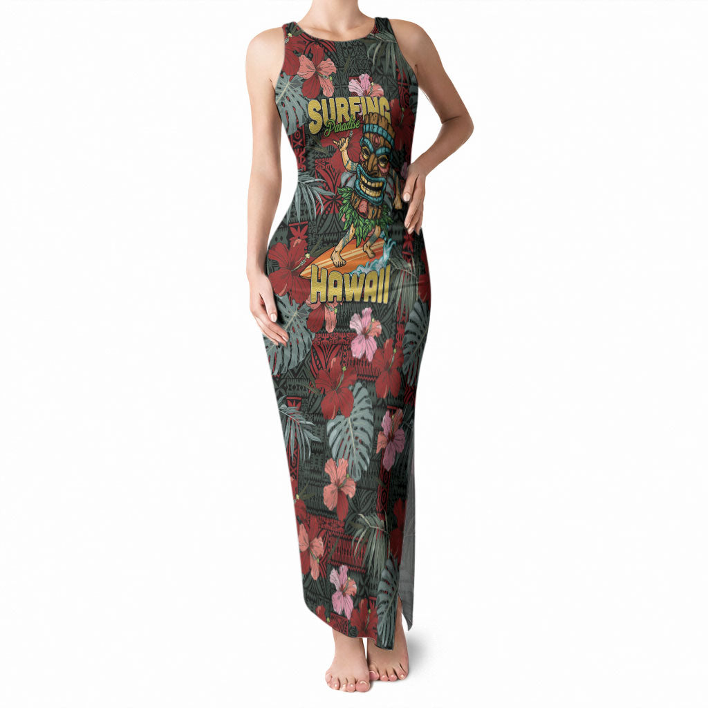 Hawaii Tiki Surfing Tank Maxi Dress Mele Kalikimaka i Iulai! LT9 Women Black - Polynesian Pride