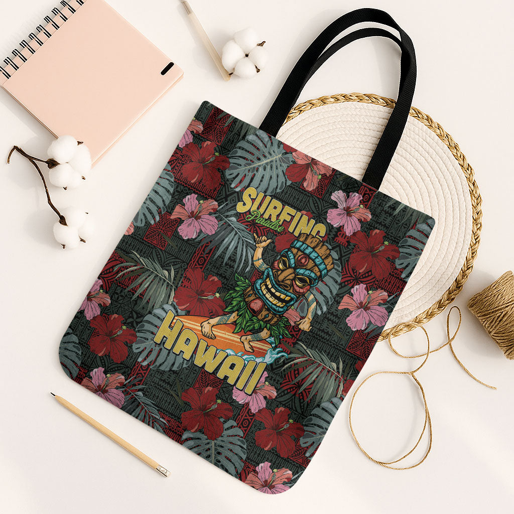 Hawaii Tiki Surfing Tote Bag Mele Kalikimaka i Iulai! LT9 Black Strap One Size Black - Polynesian Pride