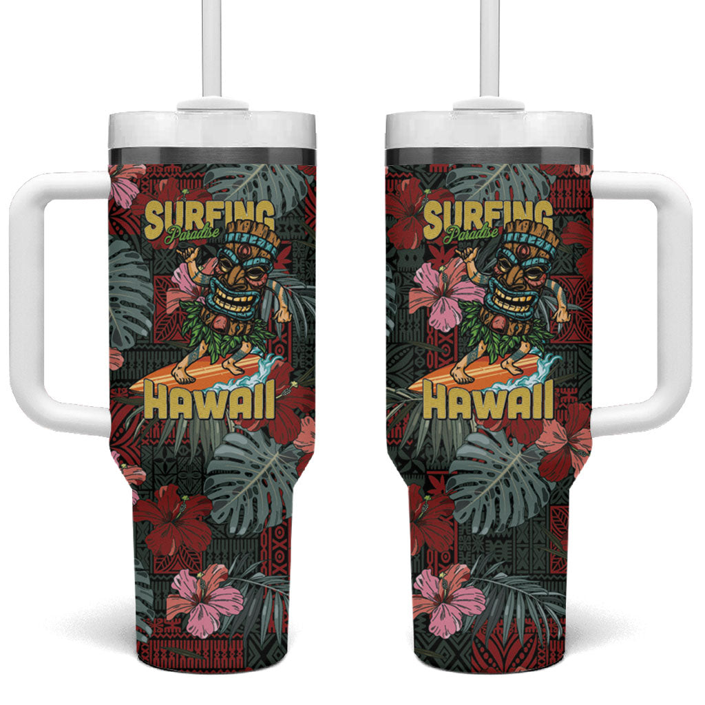Hawaii Tiki Surfing Tumbler With Handle Mele Kalikimaka i Iulai! LT9 One Size: 40 oz Black - Polynesian Pride