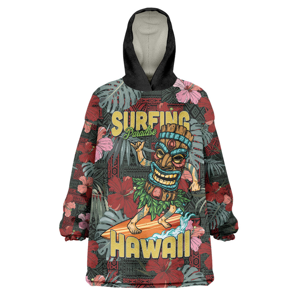 Hawaii Tiki Surfing Wearable Blanket Hoodie Mele Kalikimaka i Iulai! LT9 One Size Black - Polynesian Pride