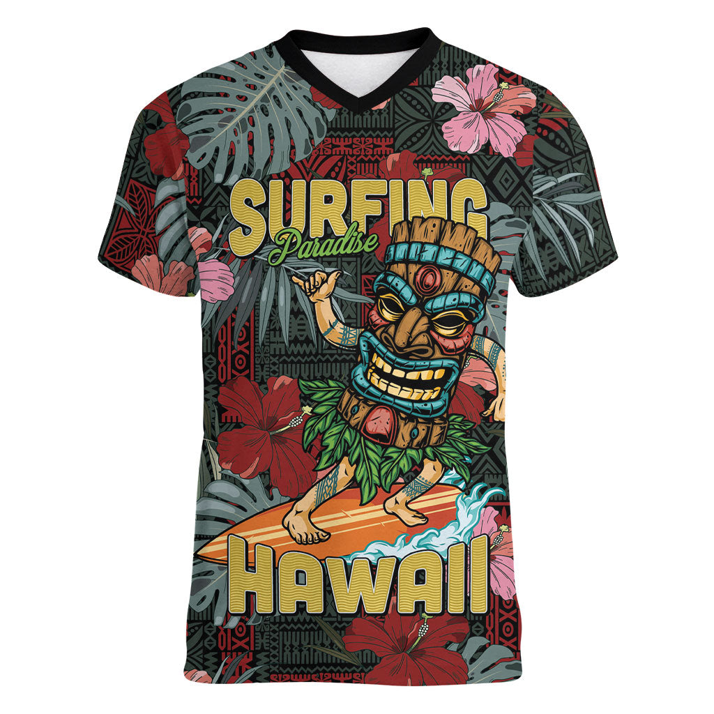 Hawaii Tiki Surfing Women V-Neck T-Shirt Mele Kalikimaka i Iulai! LT9 Female Black - Polynesian Pride