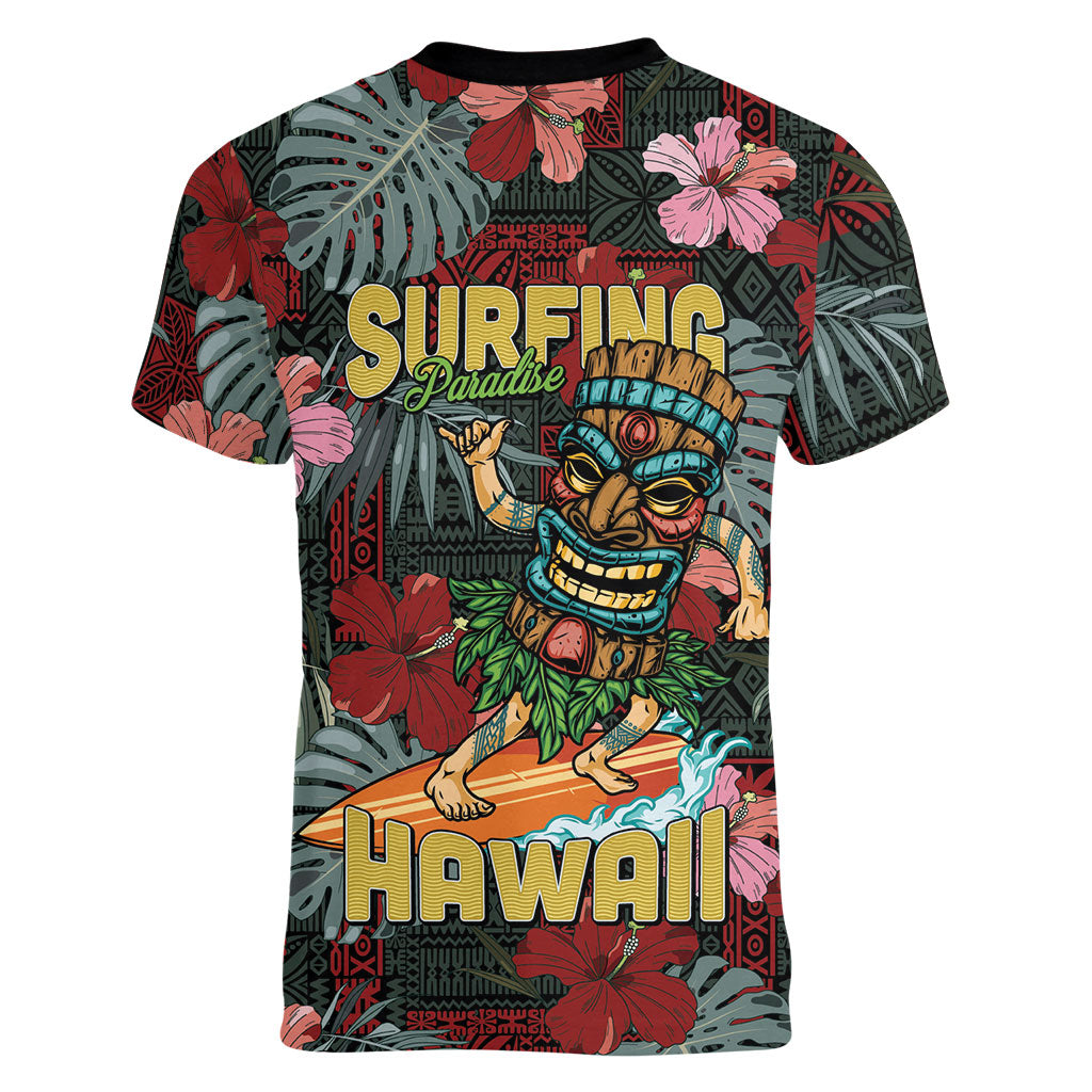 Hawaii Tiki Surfing Women V-Neck T-Shirt Mele Kalikimaka i Iulai! LT9 - Polynesian Pride
