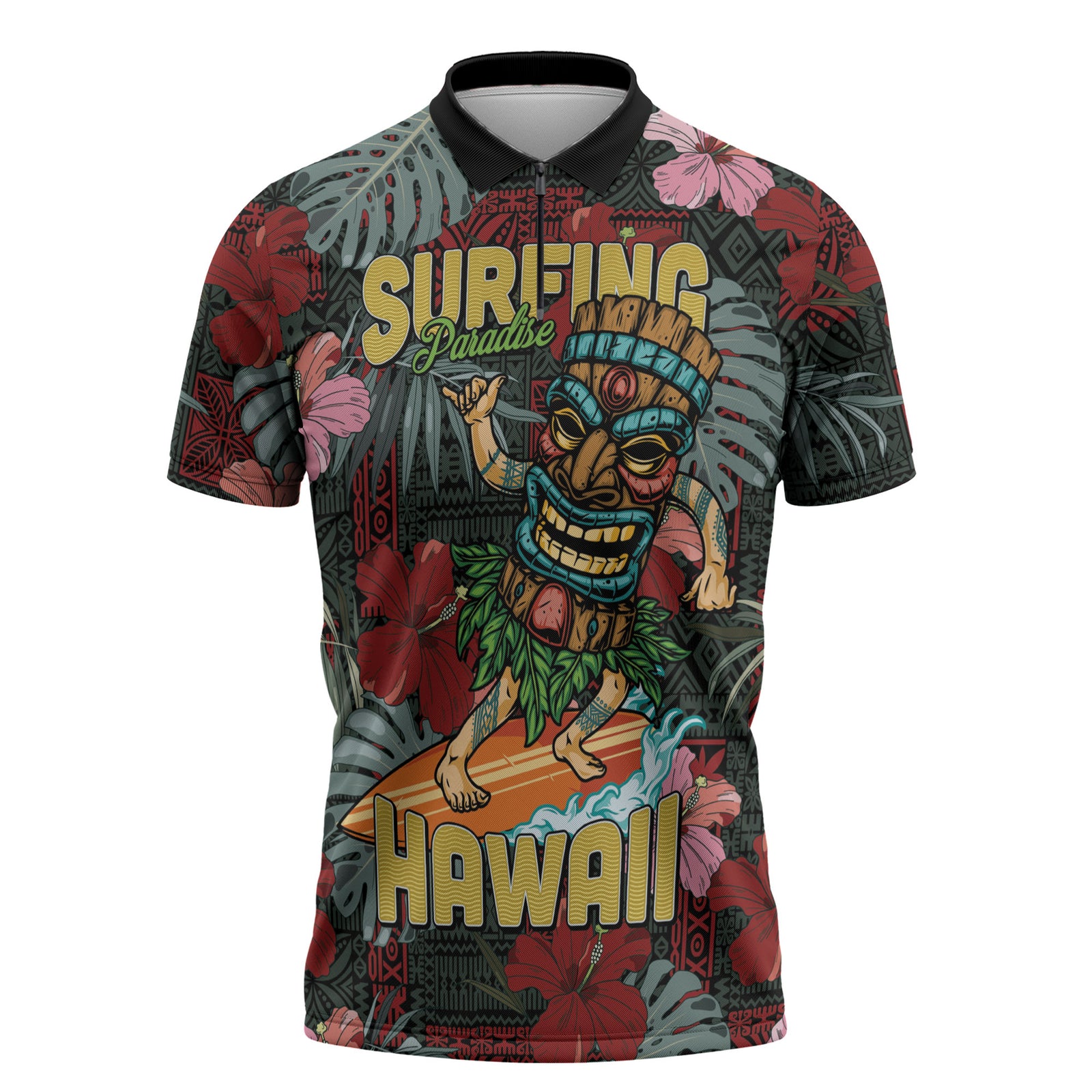 Hawaii Tiki Surfing Zipper Polo Shirt Mele Kalikimaka i Iulai! LT9 Black - Polynesian Pride