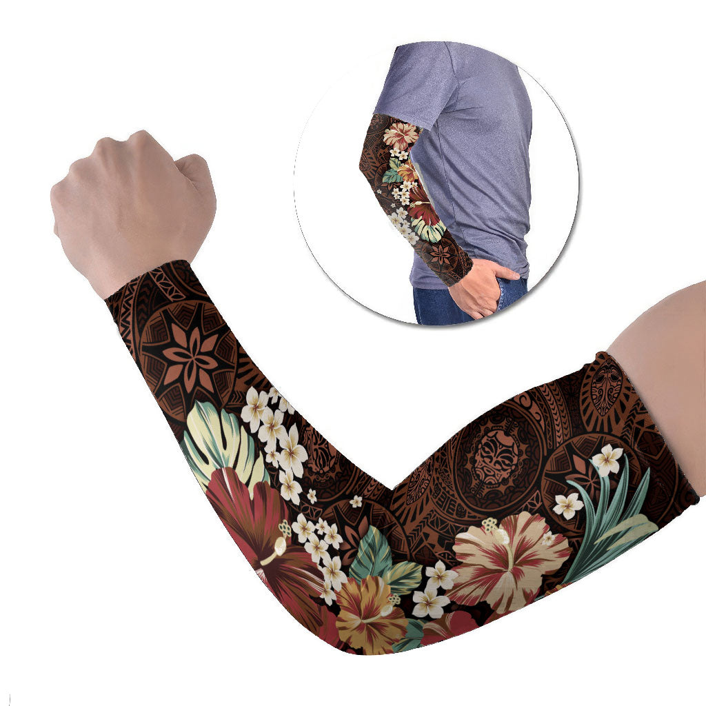 Kanoa Hawai'i Hibiscus Arm Sleeves Polynesian Tribal Tattoo Pattern Floral Elements LT9 Set of 2 Brown - Polynesian Pride