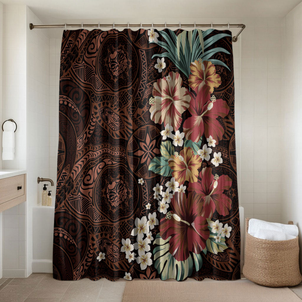 Kanoa Hawai'i Hibiscus Bathroom Set Polynesian Tribal Tattoo Pattern Floral Elements LT9 Shower Curtain Only Brown - Polynesian Pride