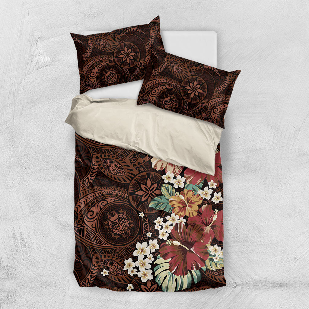Kanoa Hawai'i Hibiscus Bedding Set Polynesian Tribal Tattoo Pattern Floral Elements LT9 US Twin 172cm x 218cm Brown - Polynesian Pride