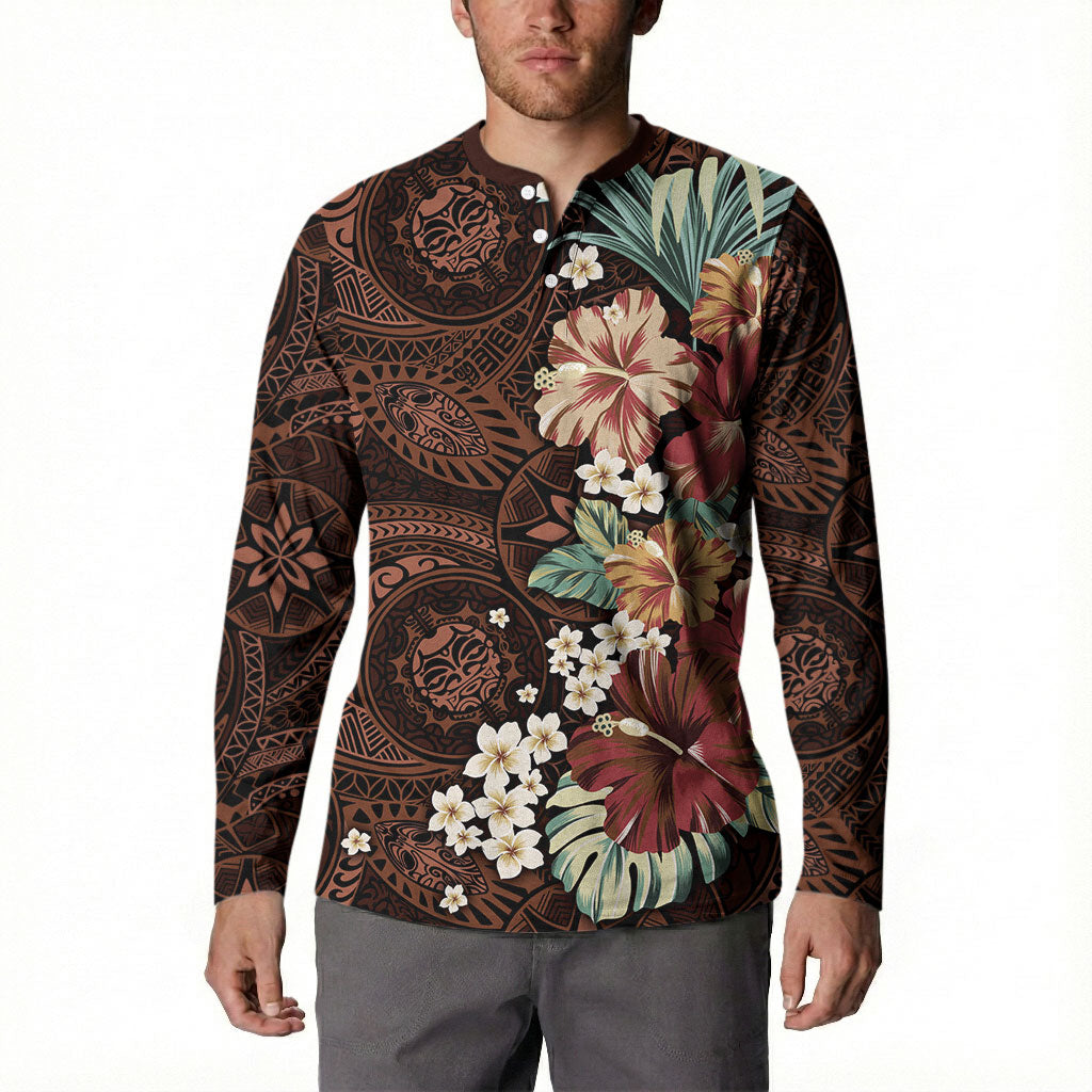 Kanoa Hawai'i Hibiscus Button Sweatshirt Polynesian Tribal Tattoo Pattern Floral Elements LT9 - Polynesian Pride