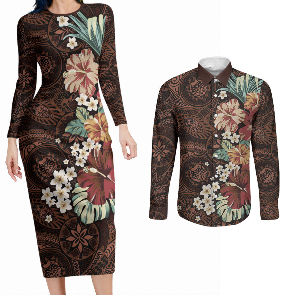 Kanoa Hawai'i Hibiscus Couples Matching Long Sleeve Bodycon Dress and Long Sleeve Button Shirt Polynesian Tribal Tattoo Pattern Floral Elements LT9 Brown - Polynesian Pride