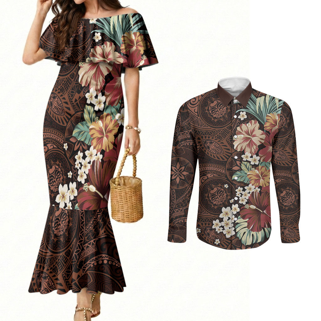 Kanoa Hawai'i Hibiscus Couples Matching Mermaid Dress and Long Sleeve Button Shirt Polynesian Tribal Tattoo Pattern Floral Elements LT9 Brown - Polynesian Pride
