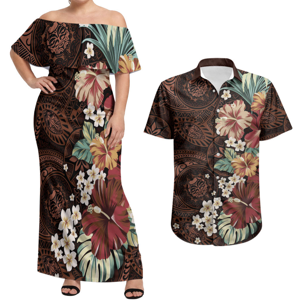 Kanoa Hawai'i Hibiscus Couples Matching Off Shoulder Maxi Dress and Hawaiian Shirt Polynesian Tribal Tattoo Pattern Floral Elements LT9 Brown - Polynesian Pride