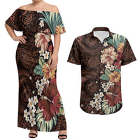 Kanoa Hawai'i Hibiscus Couples Matching Off Shoulder Maxi Dress and Hawaiian Shirt Polynesian Tribal Tattoo Pattern Floral Elements LT9 Brown - Polynesian Pride