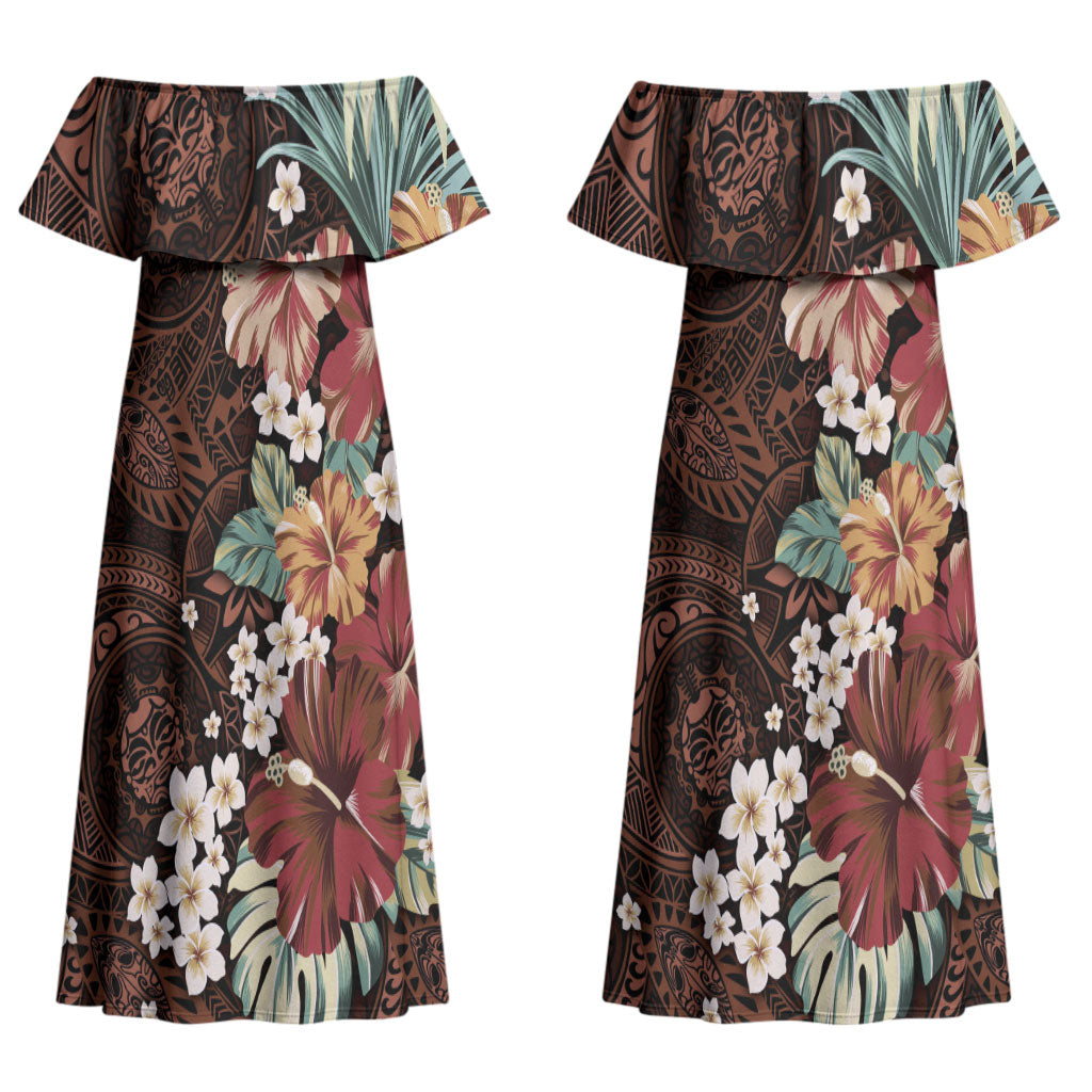 Kanoa Hawai'i Hibiscus Couples Matching Off Shoulder Maxi Dress and Hawaiian Shirt Polynesian Tribal Tattoo Pattern Floral Elements LT9 - Polynesian Pride