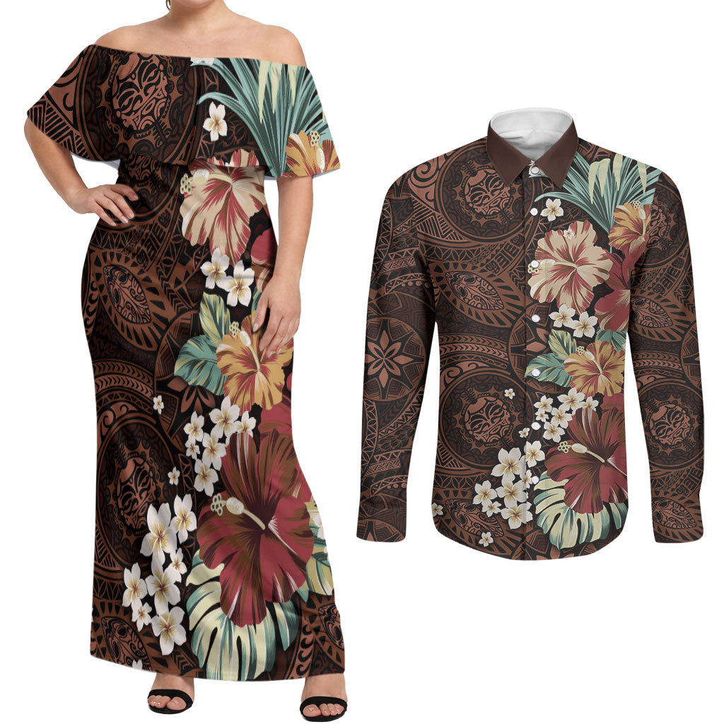 Kanoa Hawai'i Hibiscus Couples Matching Off Shoulder Maxi Dress and Long Sleeve Button Shirt Polynesian Tribal Tattoo Pattern Floral Elements LT9 Brown - Polynesian Pride