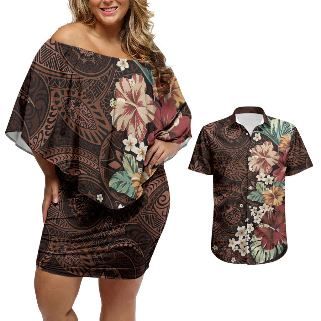 Kanoa Hawai'i Hibiscus Couples Matching Off Shoulder Short Dress and Hawaiian Shirt Polynesian Tribal Tattoo Pattern Floral Elements LT9 Brown - Polynesian Pride