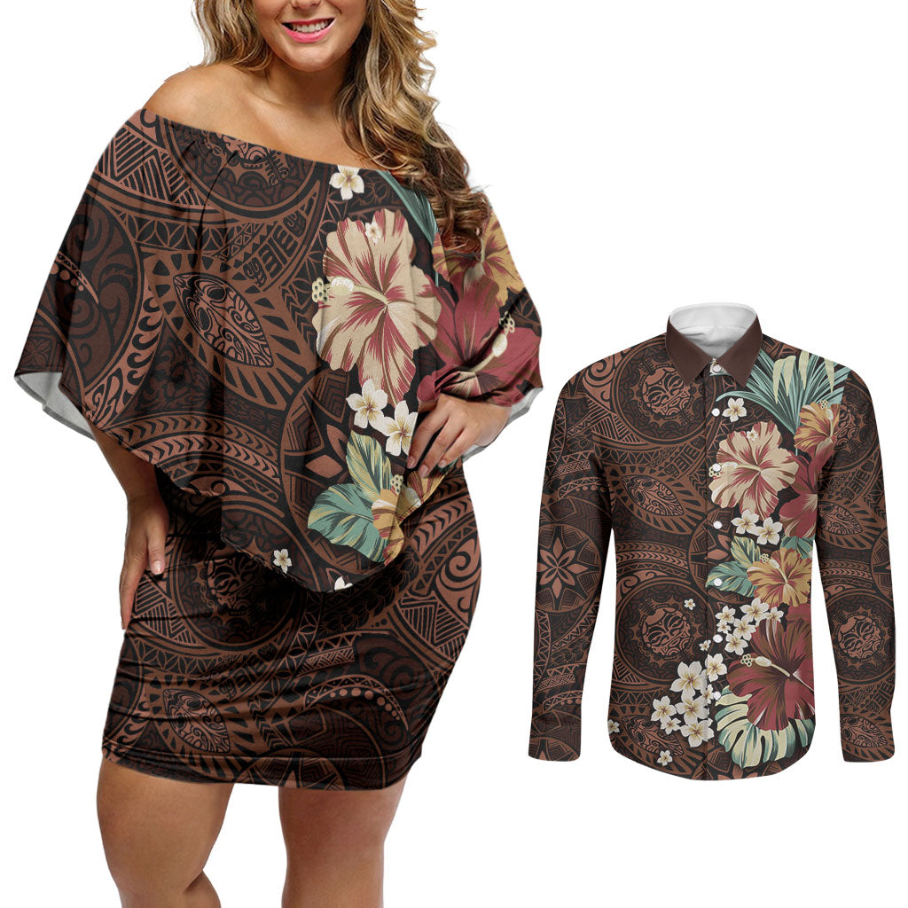 Kanoa Hawai'i Hibiscus Couples Matching Off Shoulder Short Dress and Long Sleeve Button Shirt Polynesian Tribal Tattoo Pattern Floral Elements LT9 Brown - Polynesian Pride