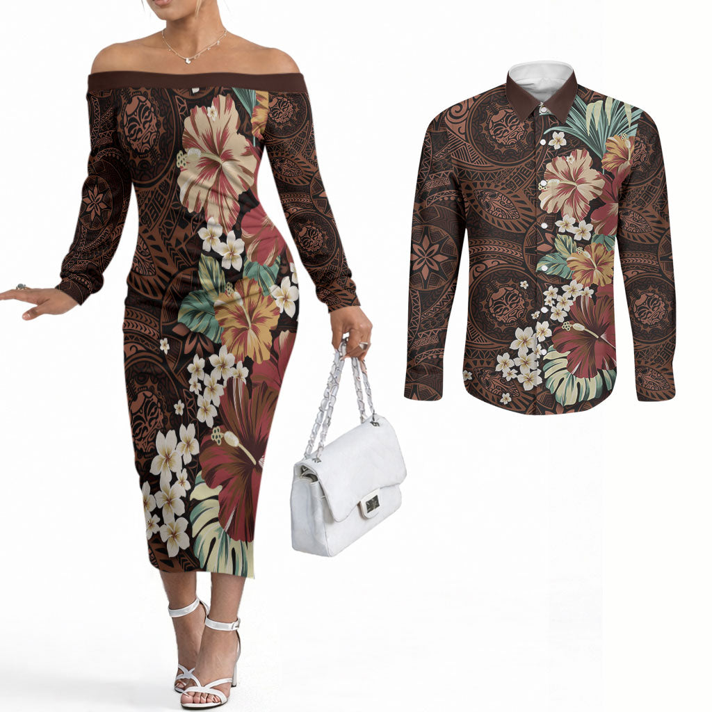 Kanoa Hawai'i Hibiscus Couples Matching Off The Shoulder Long Sleeve Dress and Long Sleeve Button Shirt Polynesian Tribal Tattoo Pattern Floral Elements LT9 Brown - Polynesian Pride