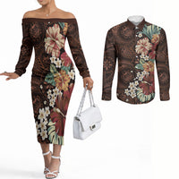 Kanoa Hawai'i Hibiscus Couples Matching Off The Shoulder Long Sleeve Dress and Long Sleeve Button Shirt Polynesian Tribal Tattoo Pattern Floral Elements LT9 Brown - Polynesian Pride