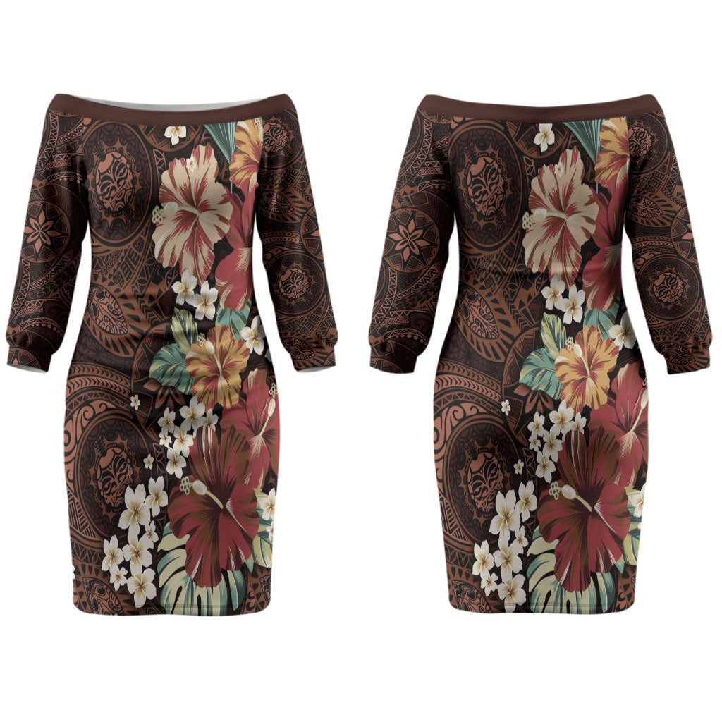 Kanoa Hawai'i Hibiscus Couples Matching Off The Shoulder Long Sleeve Dress and Long Sleeve Button Shirt Polynesian Tribal Tattoo Pattern Floral Elements LT9 - Polynesian Pride
