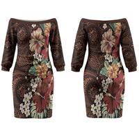 Kanoa Hawai'i Hibiscus Couples Matching Off The Shoulder Long Sleeve Dress and Long Sleeve Button Shirt Polynesian Tribal Tattoo Pattern Floral Elements LT9 - Polynesian Pride