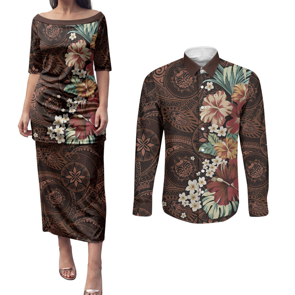 Kanoa Hawai'i Hibiscus Couples Matching Puletasi and Long Sleeve Button Shirt Polynesian Tribal Tattoo Pattern Floral Elements LT9 Brown - Polynesian Pride