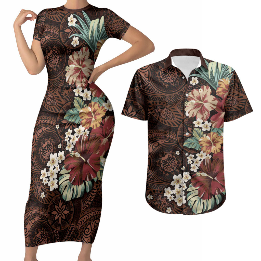 Kanoa Hawai'i Hibiscus Couples Matching Short Sleeve Bodycon Dress and Hawaiian Shirt Polynesian Tribal Tattoo Pattern Floral Elements LT9 Brown - Polynesian Pride