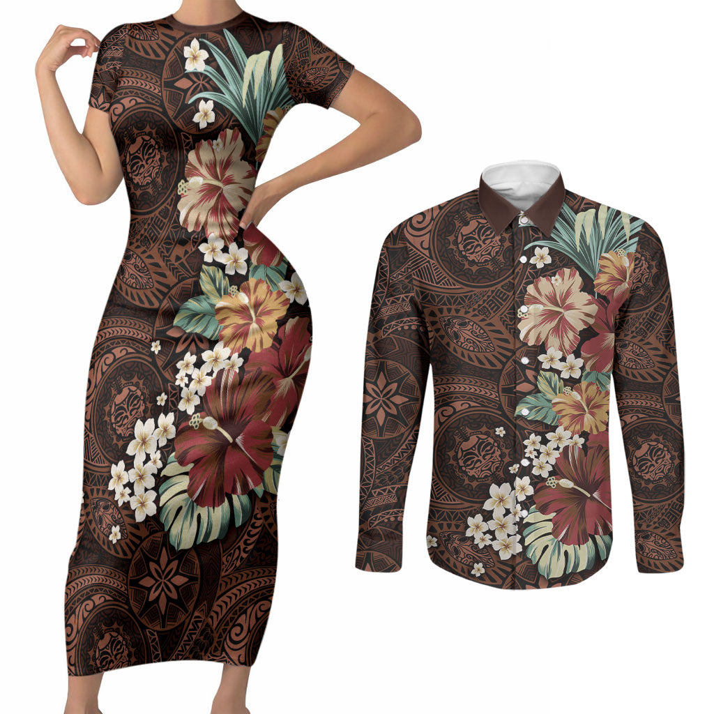 Kanoa Hawai'i Hibiscus Couples Matching Short Sleeve Bodycon Dress and Long Sleeve Button Shirt Polynesian Tribal Tattoo Pattern Floral Elements LT9 Brown - Polynesian Pride