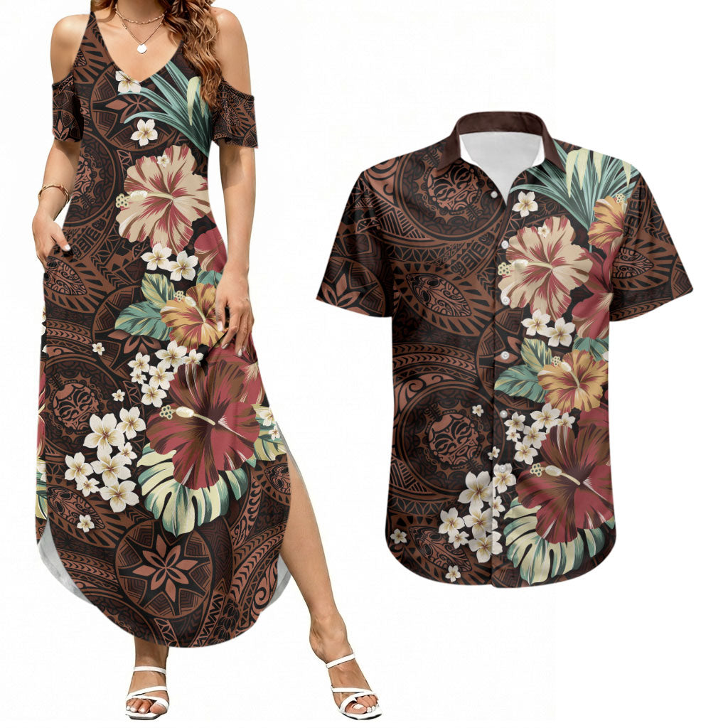 Kanoa Hawai'i Hibiscus Couples Matching Summer Maxi Dress and Hawaiian Shirt Polynesian Tribal Tattoo Pattern Floral Elements LT9 Brown - Polynesian Pride