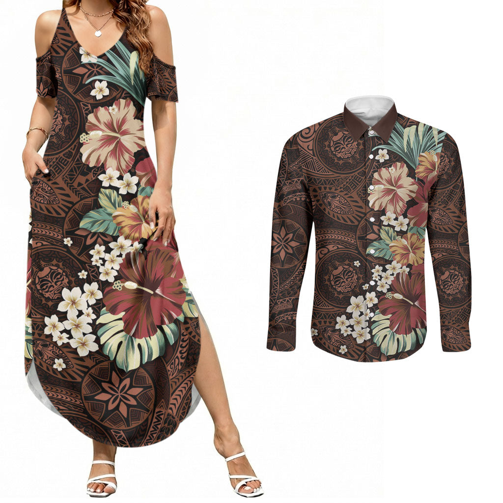 Kanoa Hawai'i Hibiscus Couples Matching Summer Maxi Dress and Long Sleeve Button Shirt Polynesian Tribal Tattoo Pattern Floral Elements LT9 Brown - Polynesian Pride