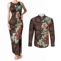 Kanoa Hawai'i Hibiscus Couples Matching Tank Maxi Dress and Long Sleeve Button Shirt Polynesian Tribal Tattoo Pattern Floral Elements LT9 Brown - Polynesian Pride