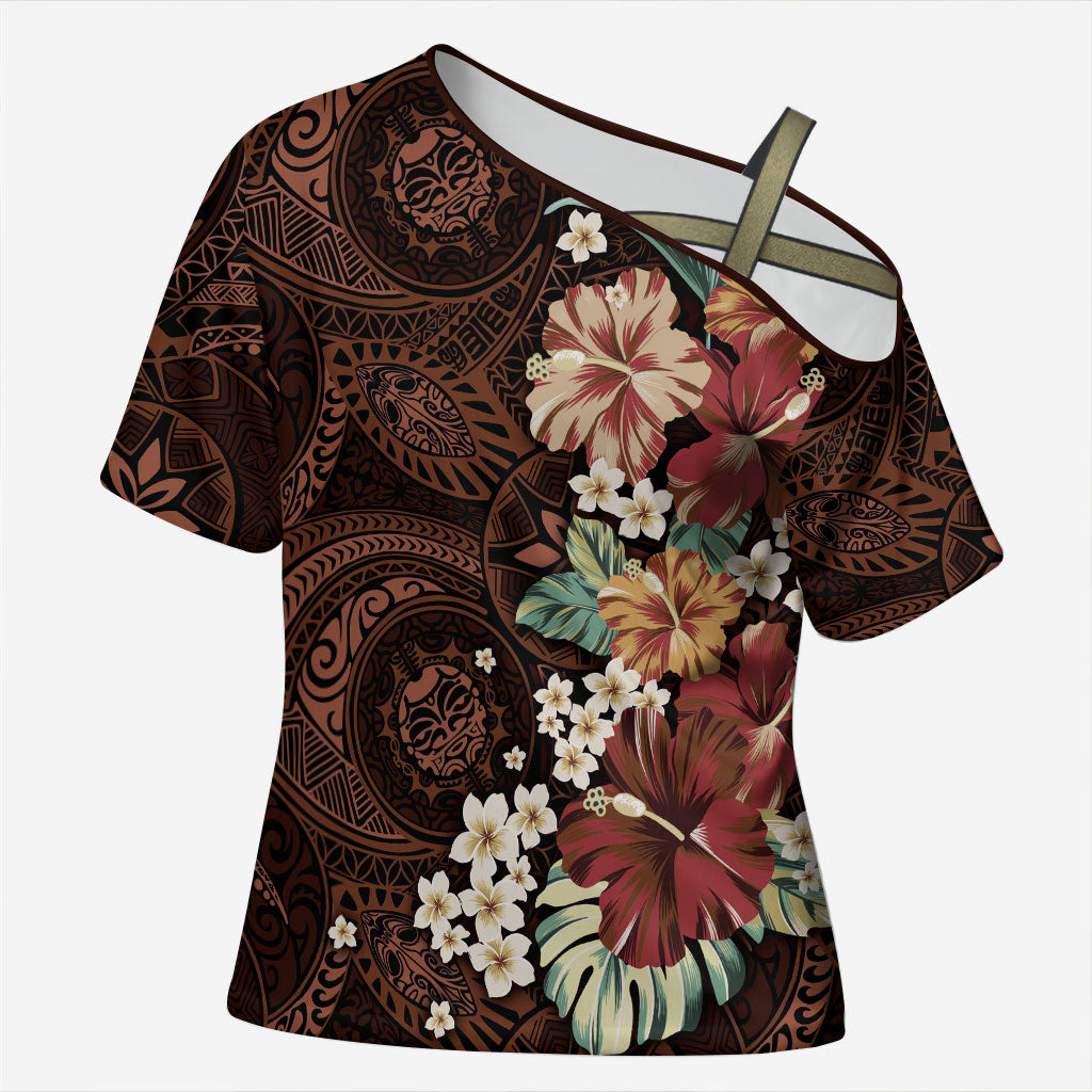 Kanoa Hawai'i Hibiscus Cross Shoulder Shirt Polynesian Tribal Tattoo Pattern Floral Elements LT9 Female Brown - Polynesian Pride